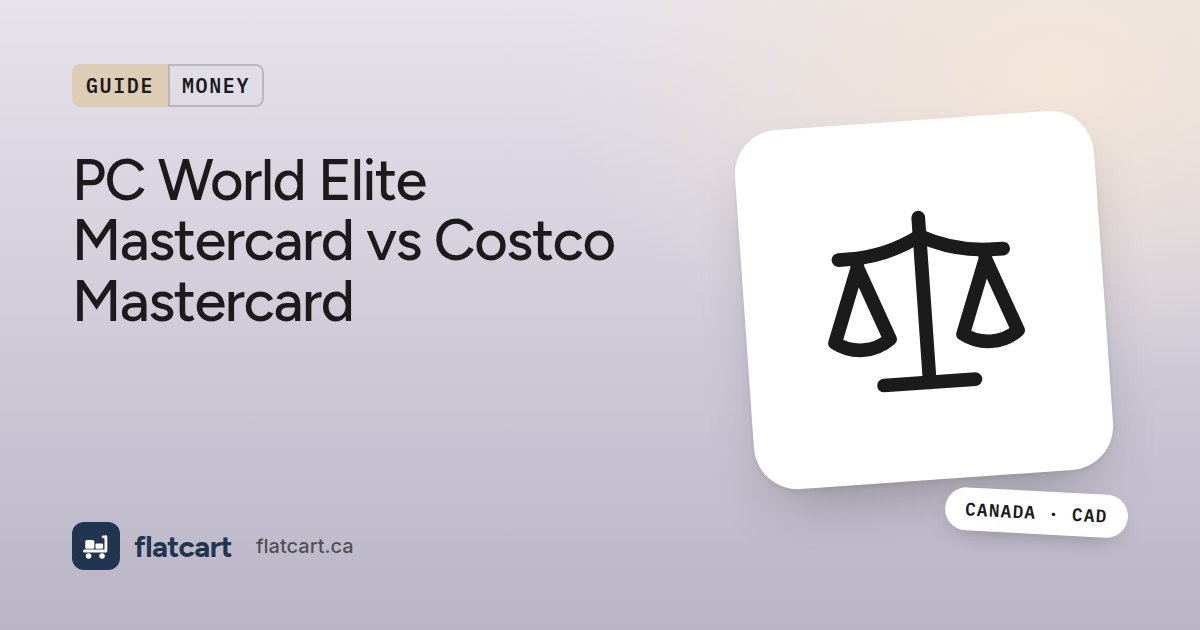 Illustration of a balance scale beside the title "PC World Elite Mastercard vs Costco Mastercard"